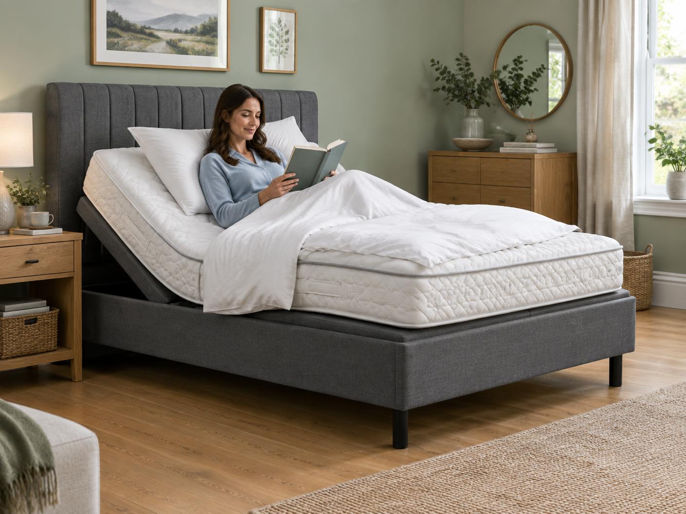 Reading comfortably on a head-elevated charcoal adjustable bed
